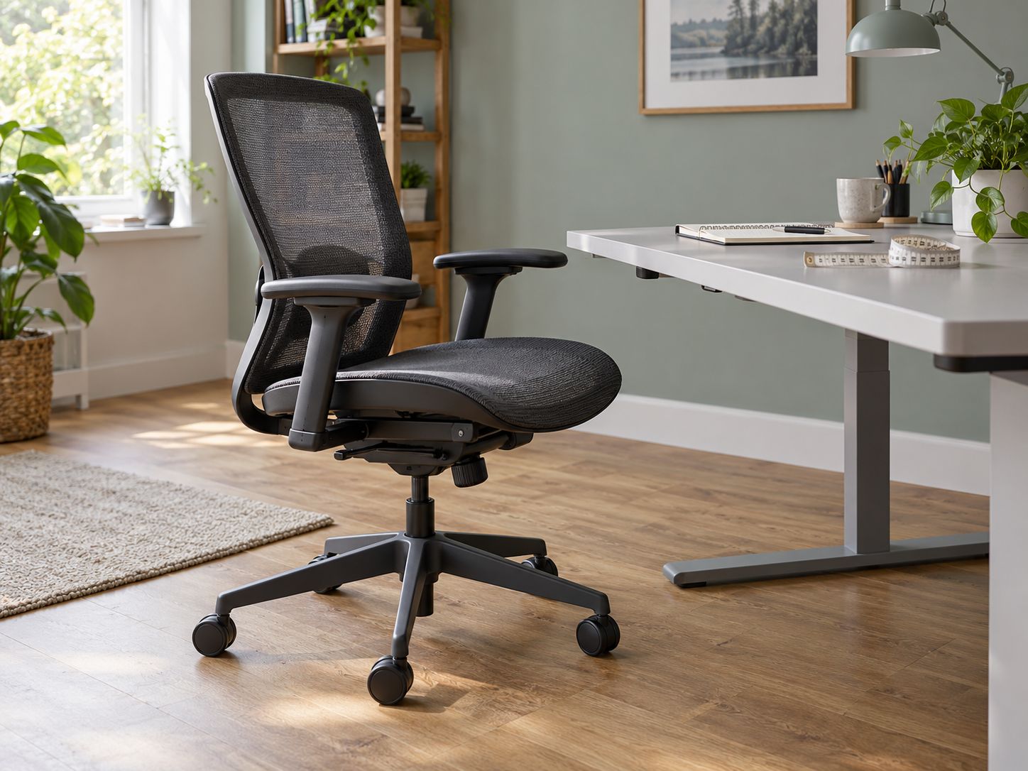 Illustratives Arbeitsplatzmotiv mit Bürostuhl, Schreibtisch und Maßband. Kein Modell aus dem Katalog.